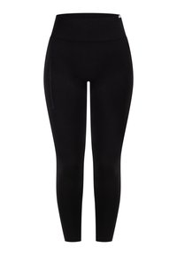 Leggings negros con una cintura elástica alta, textura suave y un bolsillo lateral. Diseñados para la comodidad y la movilidad durante las actividades.