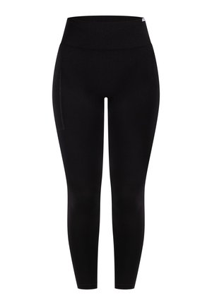 Schwarze Leggings mit hohem elastischen Taillenbund, glatter Textur und Seitentasche. Entworfen für Komfort und Bewegungsfreiheit während der Aktivitäten.
