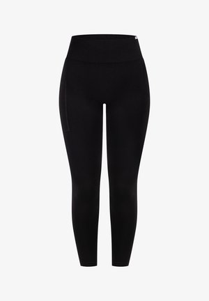 Schwarze Leggings mit hohem elastischen Taillenbund, glatter Textur und Seitentasche. Entworfen für Komfort und Bewegungsfreiheit während der Aktivitäten.