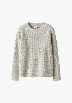 Pull en tricot gris clair avec un motif texturé et un col rond. Manches longues et coupe décontractée. Convient pour un usage décontracté.