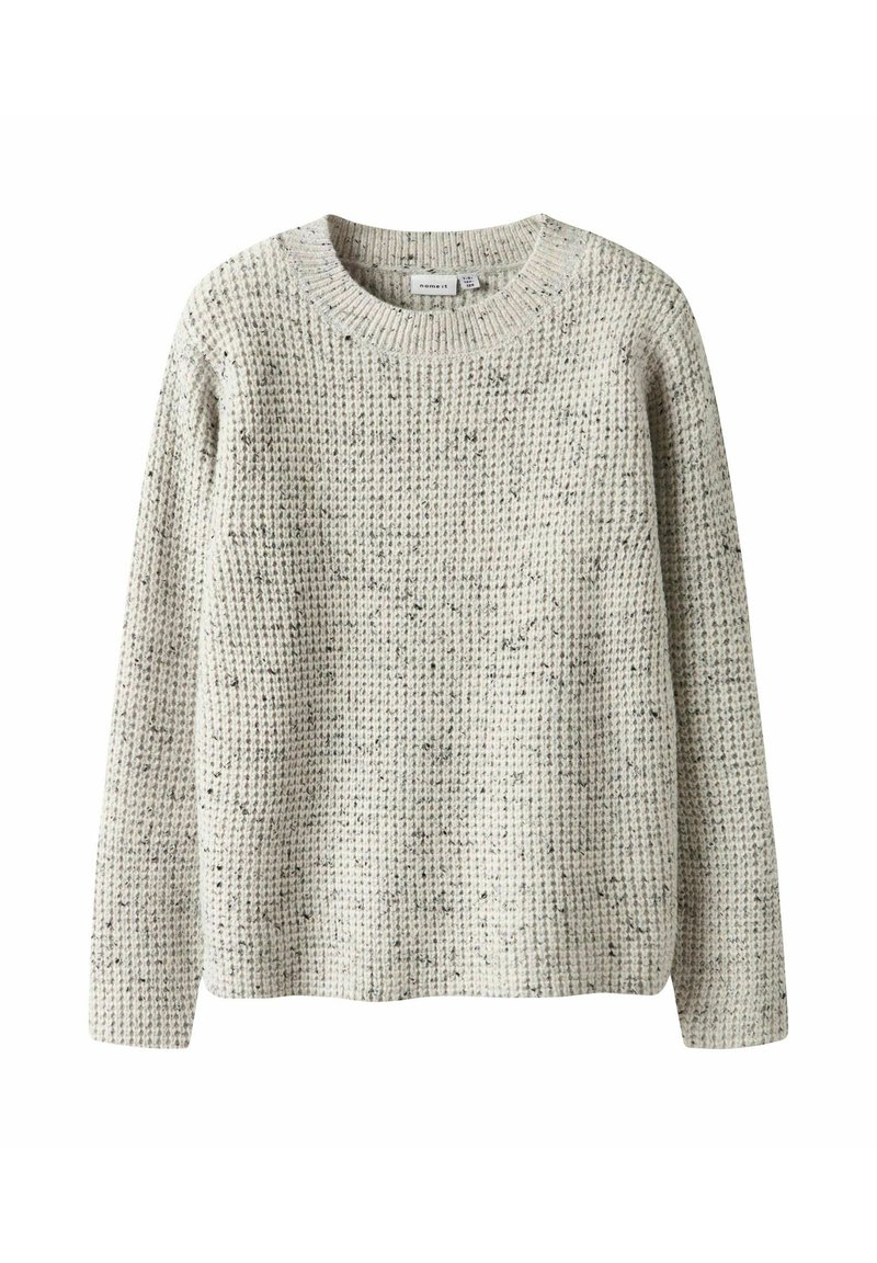 Pull en tricot gris clair avec un motif texturé et un col rond. Manches longues et coupe décontractée. Convient pour un usage décontracté.