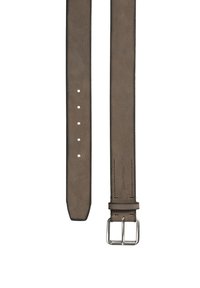 Bruine leren riem met een gladde textuur, voorzien van vijf gaten voor aanpassing en een vierkante zilveren metalen gesp.