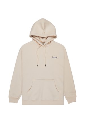 Beige-colourinen huppari, jossa on etutasku, kiristysnyörit huppusssa ja pieni musta brändilogo ylävasemmalla. Pehmeää puuvillamateriaalia.