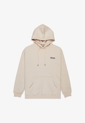 Beige-colourinen huppari, jossa on etutasku, kiristysnyörit huppusssa ja pieni musta brändilogo ylävasemmalla. Pehmeää puuvillamateriaalia.