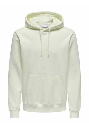Ljusgul hoodie av mjukt tyg. Har en justerbar huva, framficka och ribbade muddar och nederkant. Enkel design.