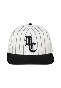 White cap with black pinstripes and a black visor. Features a black embroidered logo and six ventilation holes on top.
