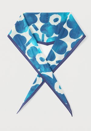 Blue and white floral patterned scarf with dark blue edges, folded into a triangular shape on a white background.