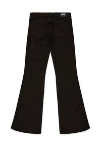 Sorte vide jeans med to baglommer og et mærke på linningen, vist bagfra.