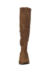 Bruine suede laarzen tot boven de knie met een spitse neus, zijrits en een soepele textuur, voorzien van stiksels langs de naden.