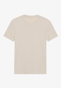 Tricou din bumbac bej deschis, cu mâneci scurte și guler rotund. Textură netedă, detalii minime de coasere și fără grafice vizibile.