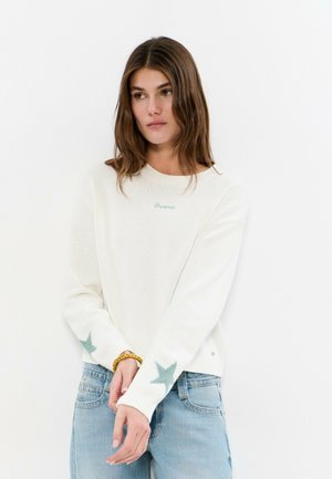 Frau mit braunen Haaren, die einen weißen Pullover mit hellblauen Sternmustern auf den Ärmeln und hellblaue Jeans trägt, steht vor einem weißen Hintergrund.