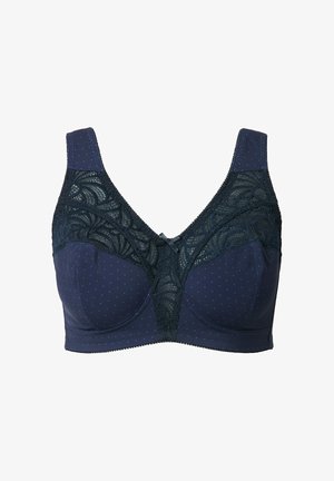 Granatowy biustonosz z wzorem w kropki, koronkowymi detalami na środku i na ramiączkach oraz regulowanymi zapięciami dla lepszego dopasowania.