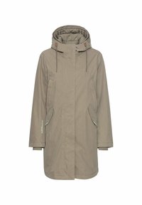 Helle beige wasserdichte Jacke mit Kapuze, zwei seitlichen Taschen, verstellbaren Kordelzügen und einer glatten Textur. Mit Logoakzent an den Ärmeln.