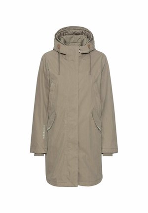 Helle beige wasserdichte Jacke mit Kapuze, zwei seitlichen Taschen, verstellbaren Kordelzügen und einer glatten Textur. Mit Logoakzent an den Ärmeln.