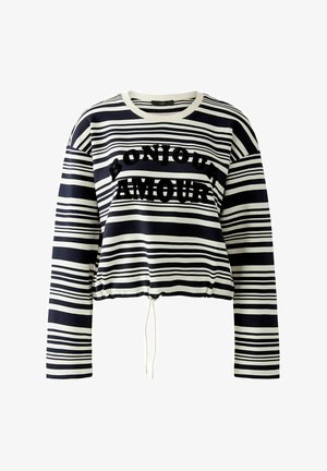 Marineblauw en witte gestreepte crop top met een ronde halslijn, lange mouwen en een gathered tailleband. Bevat "BONJOUR AMOUR" in zwarte fluweel.