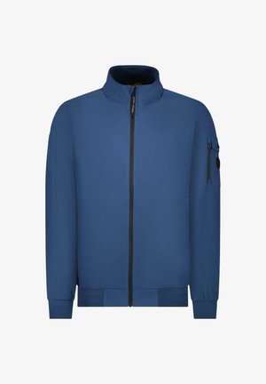 Blauwe jas met rits en hoge kraag, voorzien van een ritssluiting aan de voorkant, zijzakken en een gestructureerde stof. Inclusief een ritsdetail op de mouw.