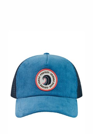 Blue corduroy cap with black mesh back, featuring a circular patch with wave design and text: "PROTEST · LEISURE WEAR · NATURE TRAILS".