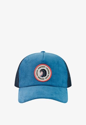 Blue corduroy cap with black mesh back, featuring a circular patch with wave design and text: "PROTEST · LEISURE WEAR · NATURE TRAILS".