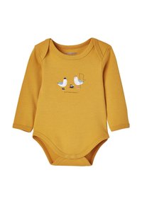 Langärmliger gelber Bodysuit aus weicher Baumwolle, mit einem Grafikdruck von drei stilisierten Vögeln auf der Vorderseite und Druckknöpfen an der Unterseite.