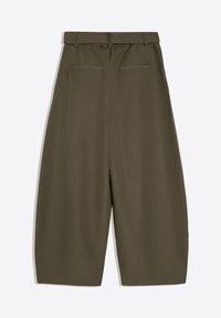 High-waist olive green wide-leg pants with belt loops and two back slit pockets, shown from the back on a white background.