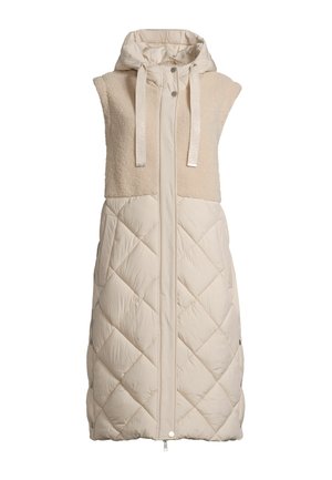 Ärmellose beige Steppweste mit Kapuze, Kordelzügen, Frontreißverschluss, Druckknöpfen und strukturiertem Oberpaneel.