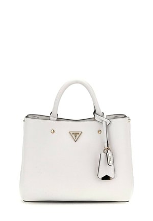 Borsa a mano in pelle bianca con un design strutturato, accenti in hardware dorato, un piccolo charm e una placca con logo sulla parte anteriore.