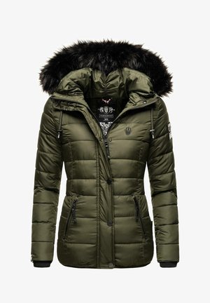 Chaqueta de invierno acolchada verde oliva con ribete de capucha de piel sintética negra, cremallera y botones delanteros, dos bolsillos con cremallera y cordones ajustables.