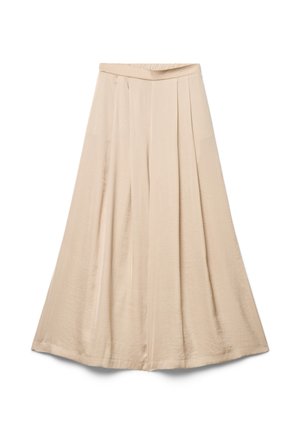 Beige wide-leg palazzo pants with high waist and pleated front, made from lightweight, flowy fabric.