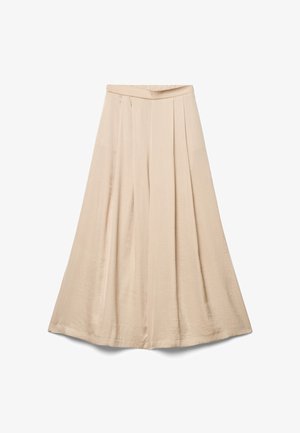 Pantalon palazzo beige à jambes larges, taille haute et devant plissé, réalisé en tissu léger et fluide.