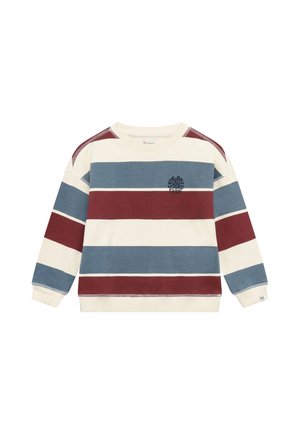 Katoenen sweatshirt met lange mouwen en brede horizontale strepen in crème, blauw en bordeaux, met een klein rond logo op de borst.