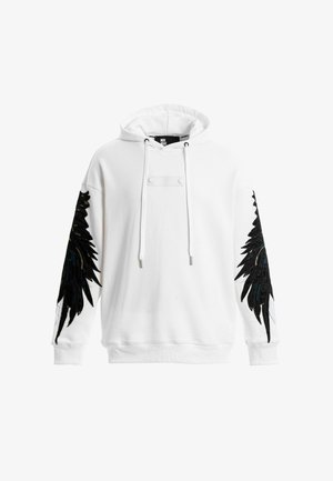 Sudadera blanca con bordado de plumas negras en las mangas, que presenta una capucha con cordón, detalles en el panel frontal y puños acanalados.