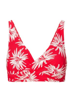Red bikini top with white tropical leaf pattern, V-neck design, adjustable straps, and textured fabric for comfort and support.