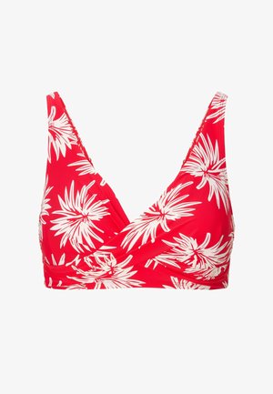 Red bikini top with white tropical leaf pattern, V-neck design, adjustable straps, and textured fabric for comfort and support.