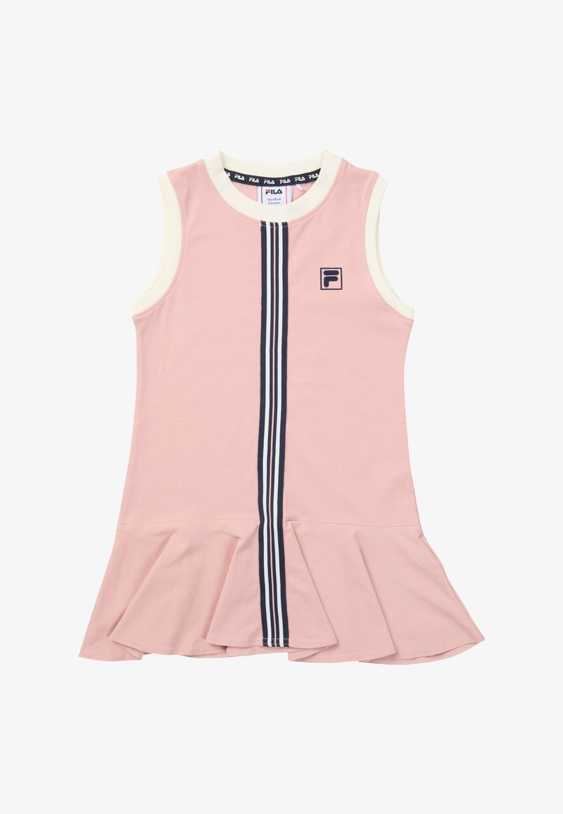 Vestito rosa senza maniche con bordi bianchi, strisce verticali blu navy e bianche al centro, gonna plissettata e piccolo logo FILA blu navy sul petto.