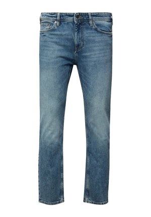 Jean en denim bleu à jambes droites avec un design à cinq poches et une fermeture avant à boutons et fermeture éclair.