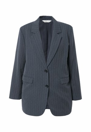 Mørkegrå habitjakke med striber, to knapper, skrå revers og to forlommer. Glat tekstur og struktureret design.