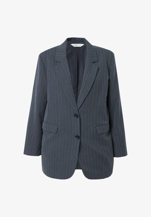 Blazer à rayures grises foncées avec deux boutons, revers crantés et deux poches avant. Texture lisse et design structuré.