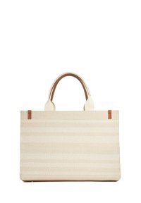 Sac en toile crème avec des rayures horizontales texturées, doté de poignées et d'accents en cuir tan. Forme rectangulaire robuste.