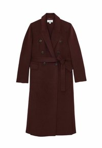 Bordeaux uld-blanding trenchcoat med dobbeltsyet design, sorte knapper, brede revers og et bælte, der ties omkring taljen.