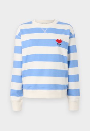 Blå och vit randig sweatshirt med rund halsringning, ribbade manschetter och en röd läpp-logotyp med "PARIS"-text på bröstet. Mjuk bomullsval.