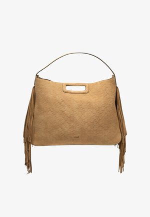 Torba iz tan usnja z vtisnjenim vzorcem, ročajem z izrezom, naramnim trakom in dolgimi resicami na obeh straneh.