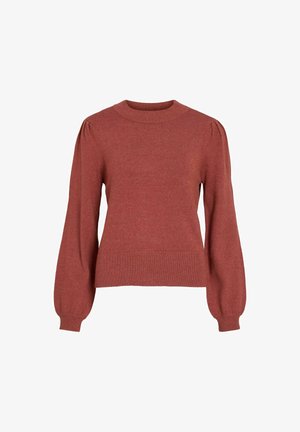 Pull en tricot couleur rouille avec un col rond, des manches longues bouffantes et des bords côtes au niveau des poignets et de l'ourlet. Texture douce et silhouette ajustée.