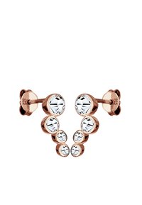 Rosaguldörhängen med flera klara rundade kristaller i en kaskaddesign, med en polerad yta och blommformerade baksidor.