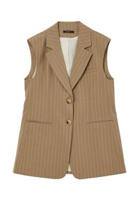 Braun gestreifter ärmelloser Blazer mit zwei Fronttaschen, einem einzelnen Knopfverschluss und einem glatten Innenfutter. Verfügt über schmale Revers.