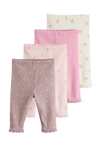 Set med fyra leggings i mjuk bomull. Färgerna inkluderar ljusrosa, pastellgrön, ljuslila och grå med blommönster och hjärtan. Volangkanter.