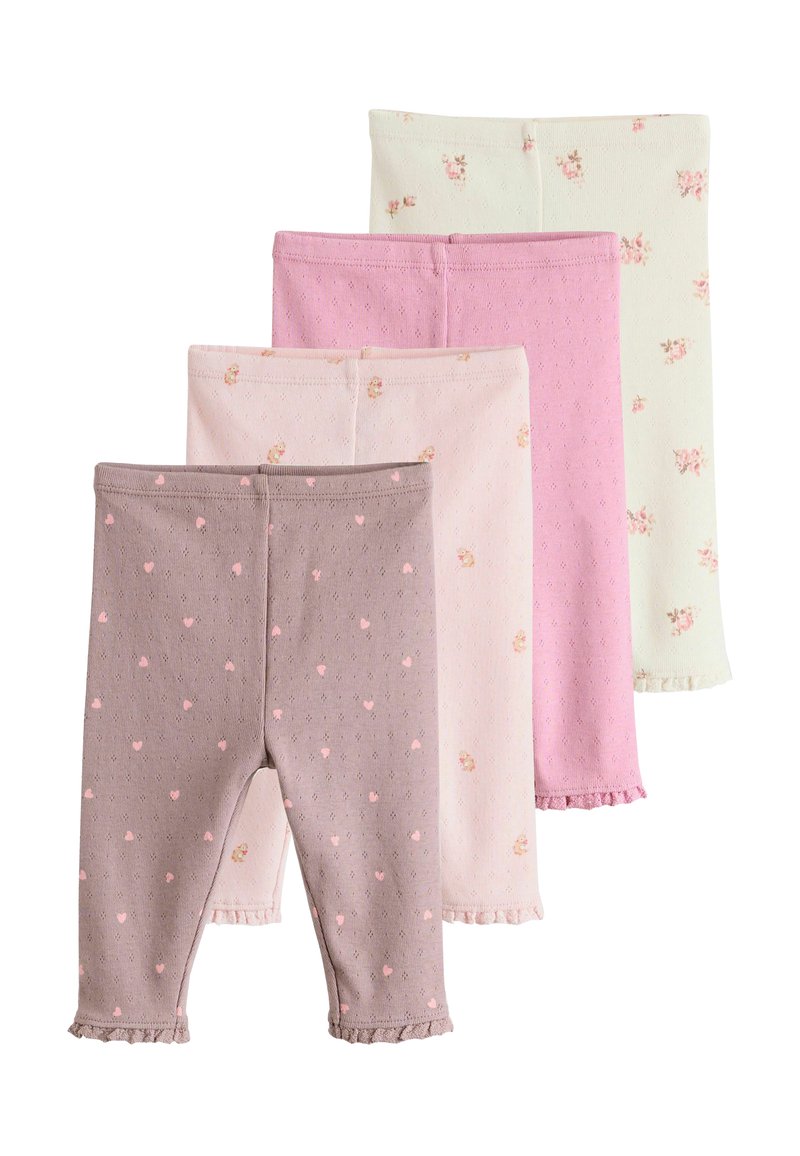 Set med fyra leggings i mjuk bomull. Färgerna inkluderar ljusrosa, pastellgrön, ljuslila och grå med blommönster och hjärtan. Volangkanter.