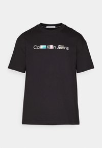 Black cotton t-shirt with short sleeves, featuring a rectangular logo in multiple colors across the chest; standard crew neckline and relaxed fit.
