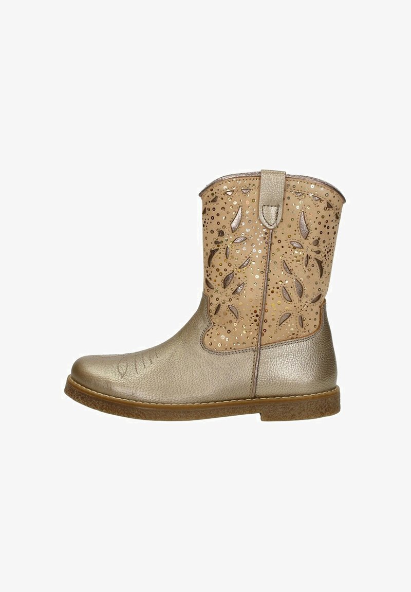 Metallic gold ankle boot with a textured surface, cut-out leaf patterns, and a light tan accent. Features a side tab and flat sole.