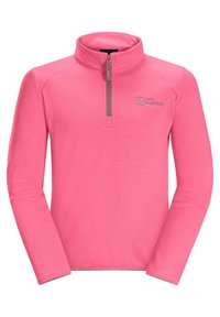 Pullover rosa realizzato in tessuto morbido, con collo a zip quarti, maniche lunghe e un piccolo logo sul petto. Texture liscia e design semplice.