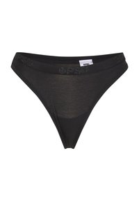 String noir en matière douce, doté d'une fine ceinture élastique avec un logo discret. Texture lisse et design à couverture minimale.